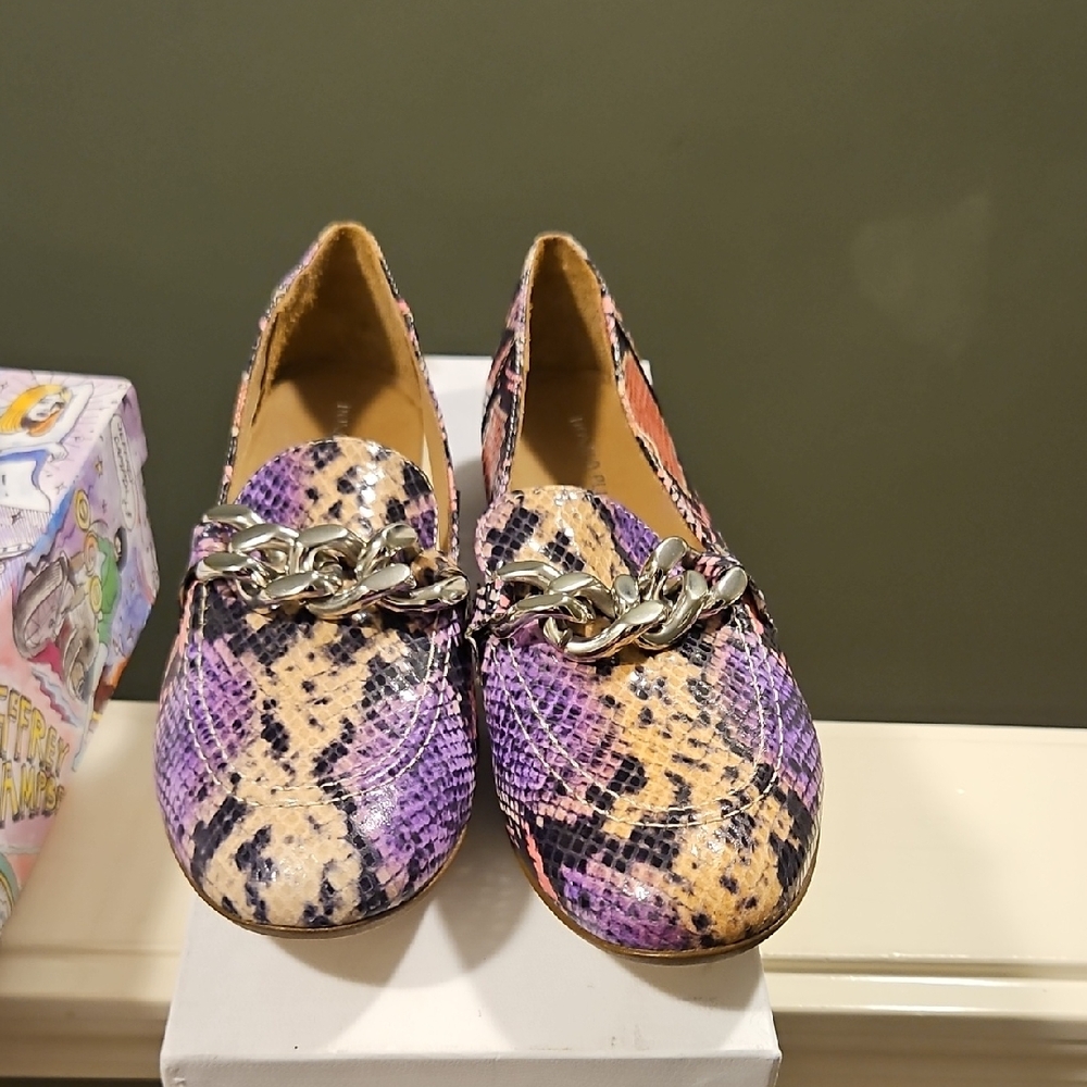 Purple and Tan Snake Print Loafers with Chain Detail